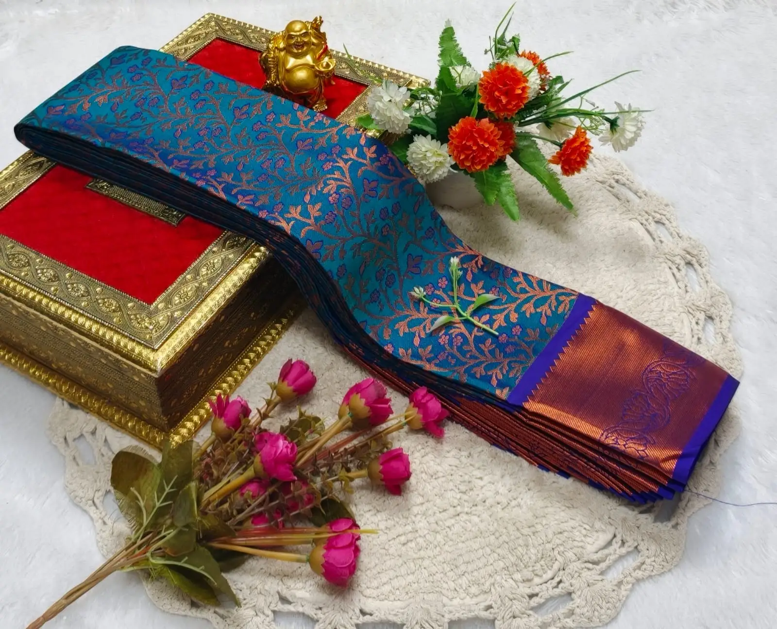 Teal Copper Floral Jacquard Muhurtham Pattu Saree
